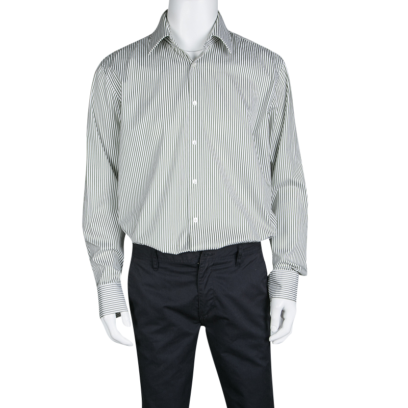 

Boss By Hugo Boss Olive Green and White Striped Cotton Regular Fit Shirt