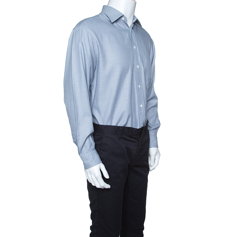 

Boss By Hugo Boss Blue Herringbone Pattern Long Sleeve Cotton Shirt