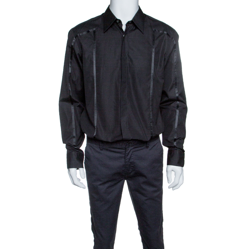 Pre Owned Boss by Hugo Boss Black Cotton Ribbon Panel Detail Button Front Shirt XL