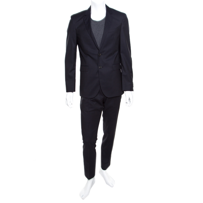 Boss By Hugo Boss Navy Blue Self Checked Wool Tailored Suit M