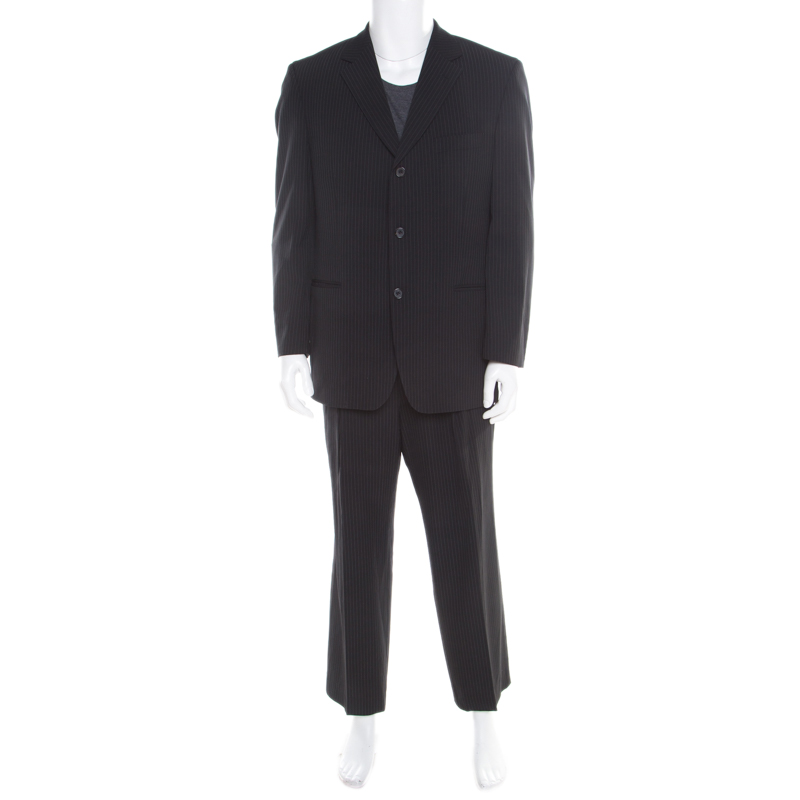 Boss by Hugo Boss Black Striped Wool Einstein/Sigma Suit XL Boss By ...