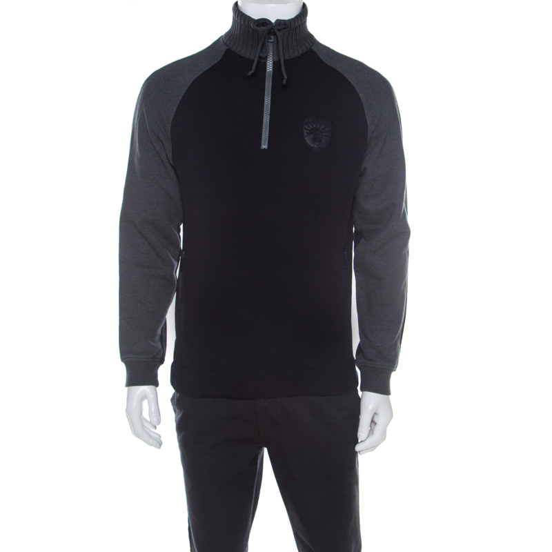 Pre Owned Boss By Hugo Boss Black & Grey Cable Knit Collar Sweatshirt M