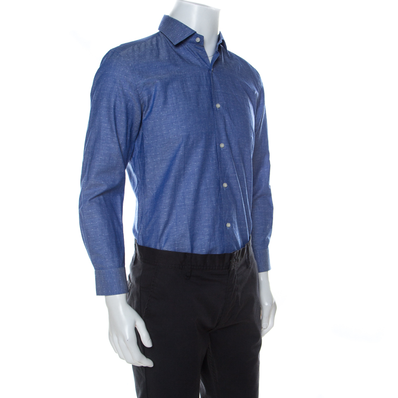 

Hugo Boss Blue Dotted Pattern Cotton Linen Blend Slim Fit Shirt