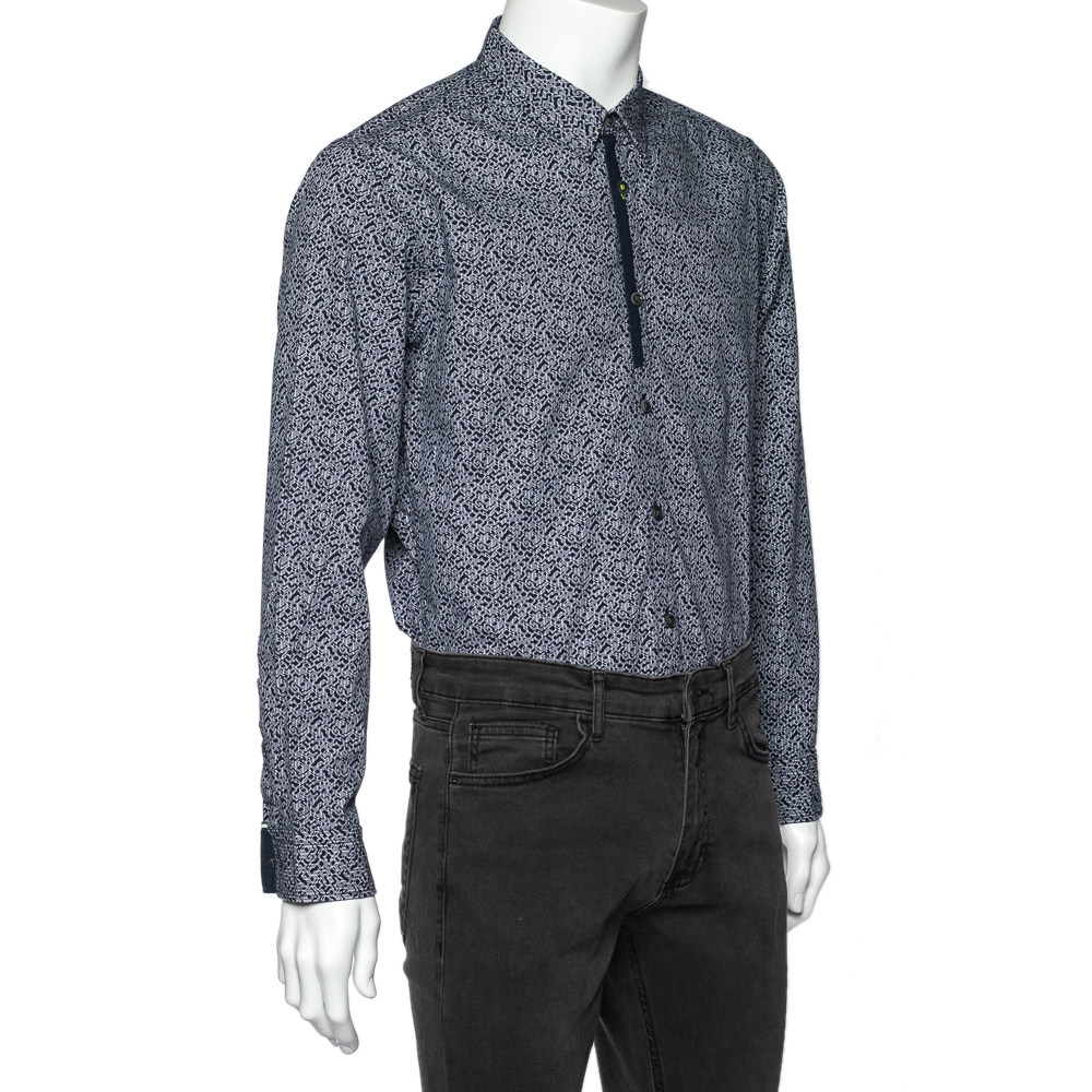 

Boss By Hugo Boss Navy Blue Geometric Print Cotton Berla Slim Fit Shirt