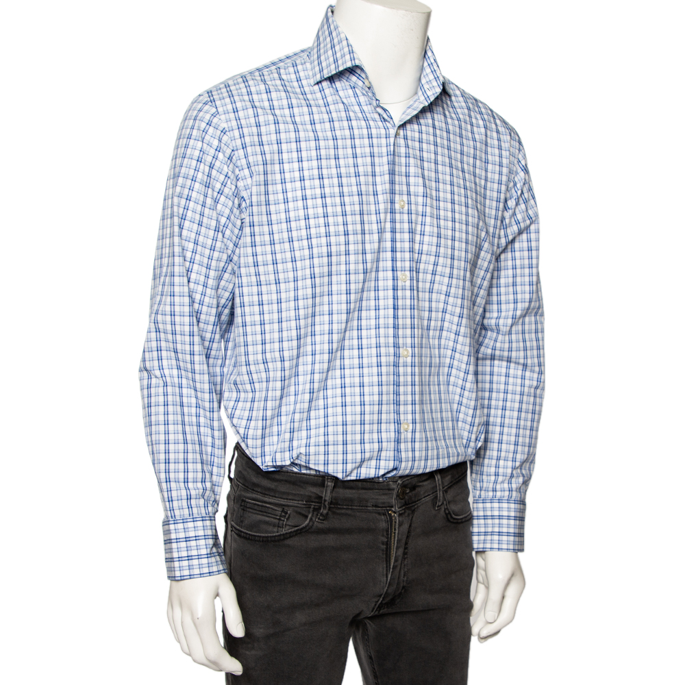 

Boss By Hugo Boss Blue Checkered Cotton Button Front Regular Fit Shirt