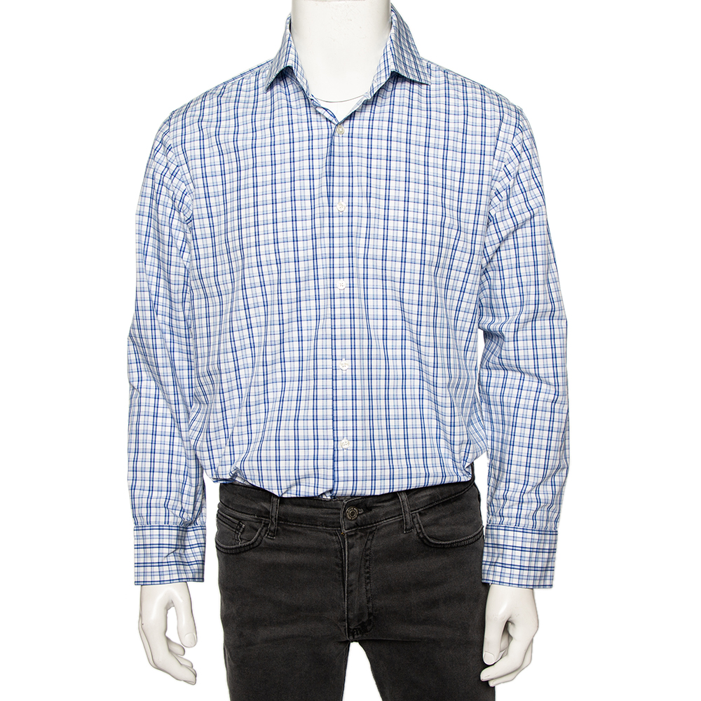 

Boss By Hugo Boss Blue Checkered Cotton Button Front Regular Fit Shirt XL