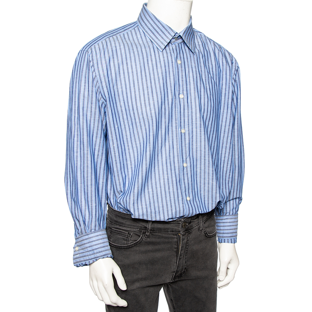 

Boss By Hugo Boss Blue Striped Cotton & Linen Regular Fit Shirt