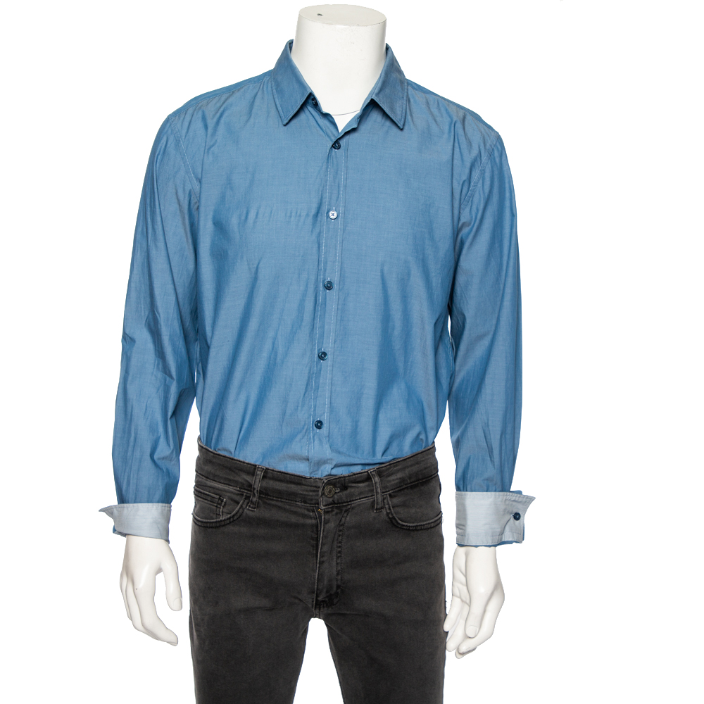 

Boss By Hugo Boss Blue Cotton Button Front Slim Fit Stretch Shirt XL