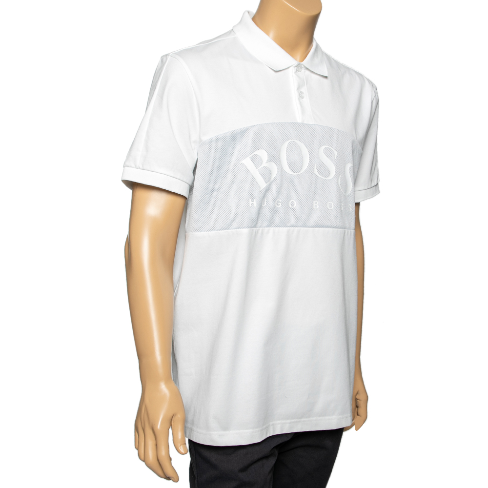

Boss By Hugo Boss White Cotton & Mesh Paneled Logo Printed Polo T-Shirt