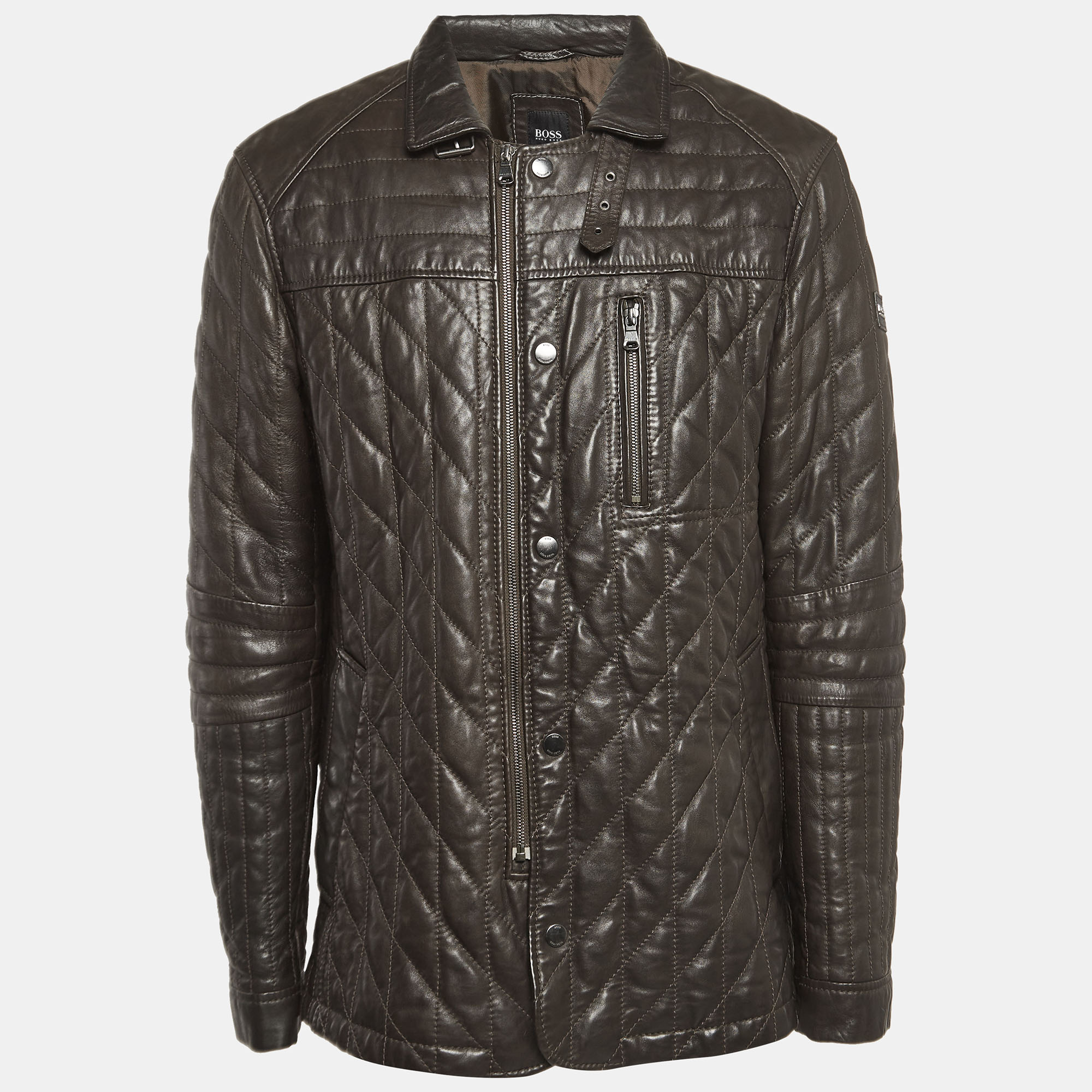 

Boss By Hugo Boss Brown Leather Quilted Zip-Up Jacket XXXL