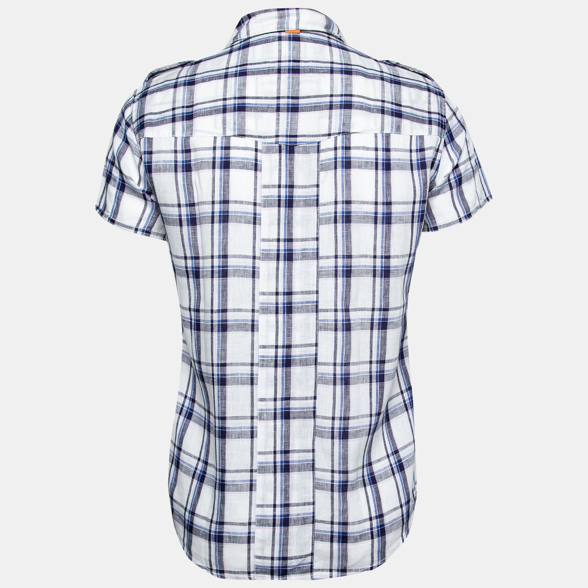 Boss Orange by Hugo Boss White and Blue Check Print Linen Short Sleeves Shirt