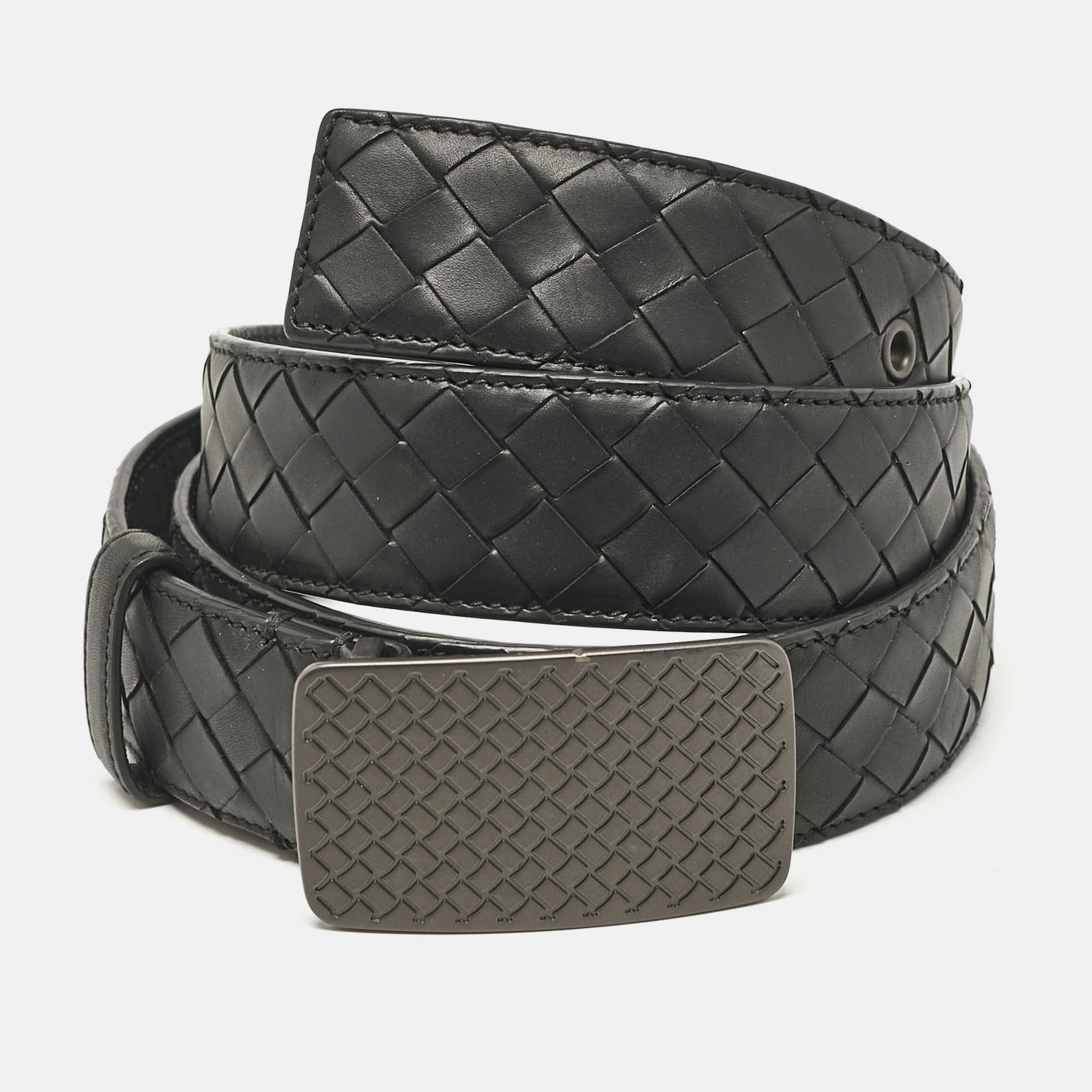 

Bottega Veneta Black Intreciato Leather Plaque Buckle Belt