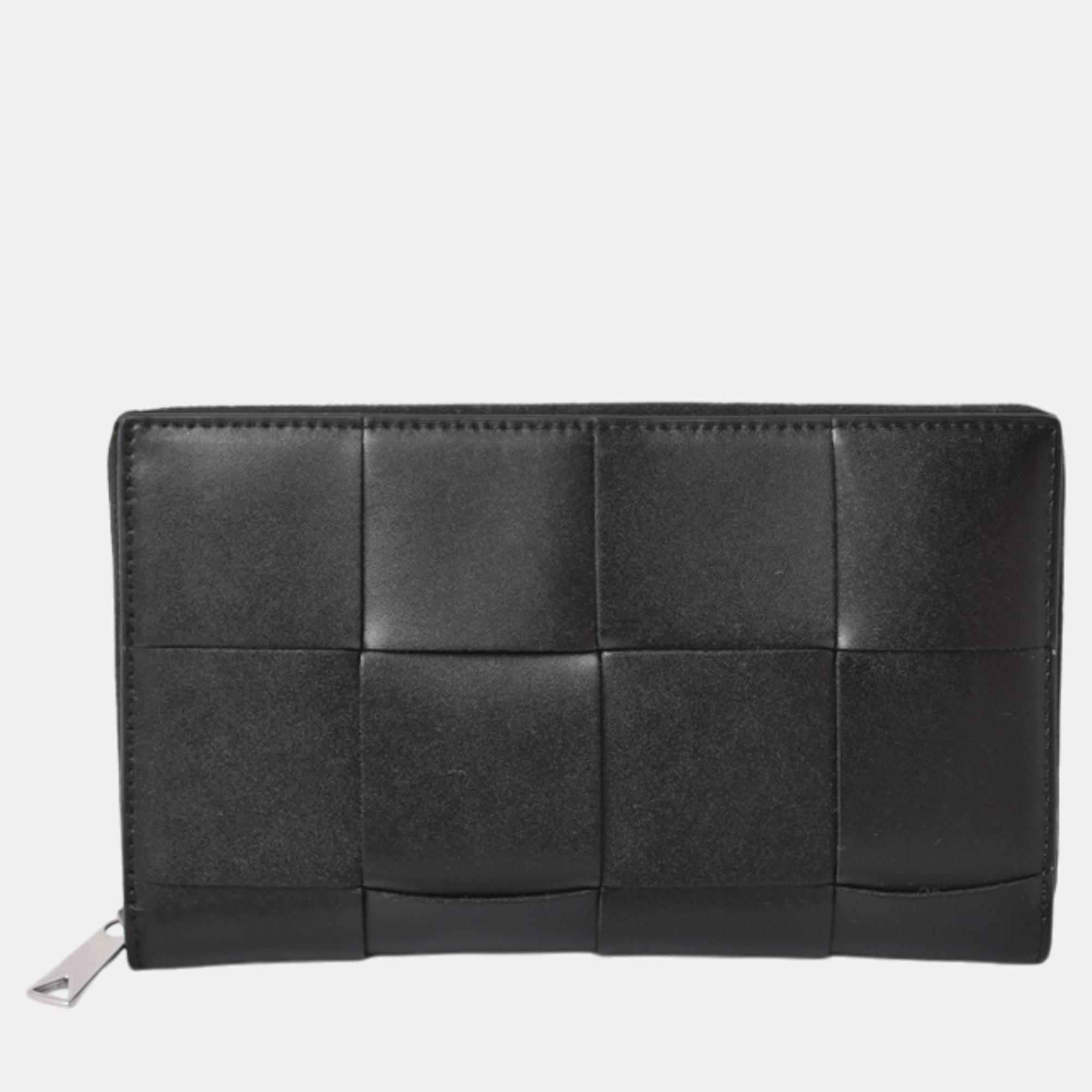 

Bottega Veneta Black Leather Intrecciato Zip-Around Long Wallet