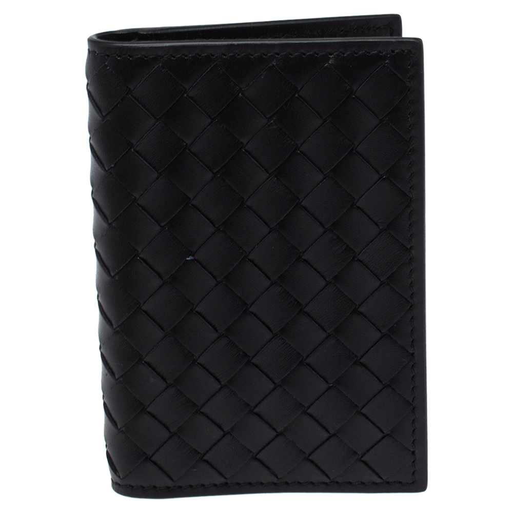 Pre Owned Bottega Veneta Black Intrecciato Leather Card Holder
