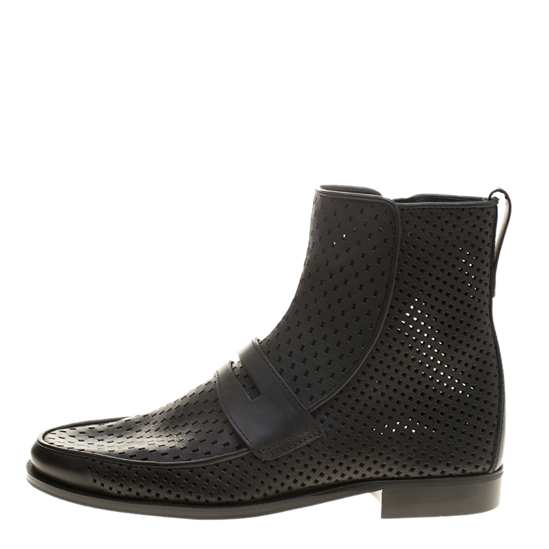 

Bottega Veneta Black Perforated Leather Loafer Boots Size