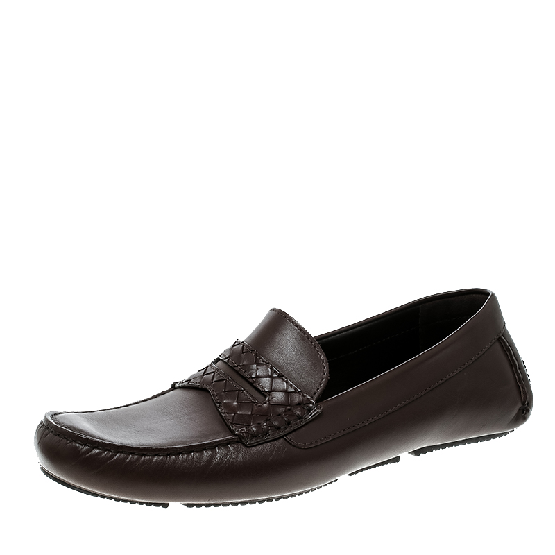 Pre Owned Bottega Veneta Brown Leather Wave Driver Intrecciato Detail Moccasins Size 45