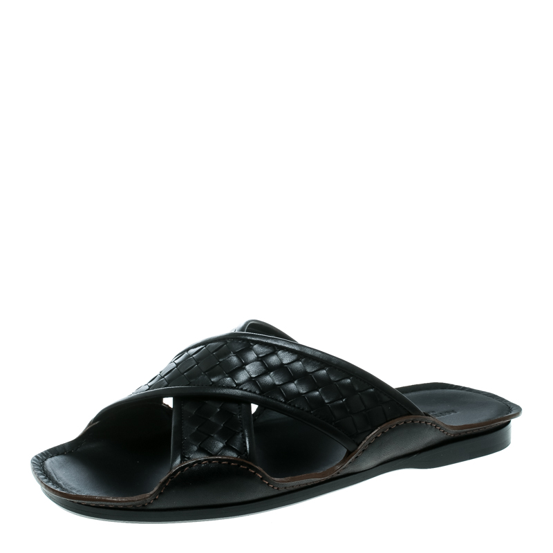 Pre Owned Bottega Veneta Black Intrecciato Leather Cross Strap Flat Slides Size 40