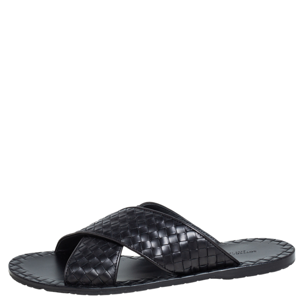 

Bottega Veneta Black Intrecciato Leather Cross Strap Flat Slides Size