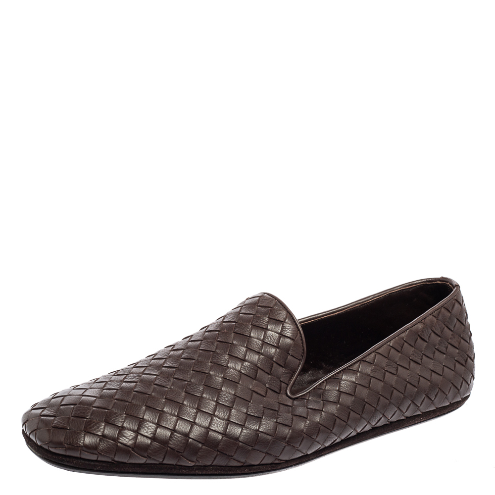 Pre Owned Bottega Veneta Dark Brown Intrecciato Leather Smoking Slippers Size 44