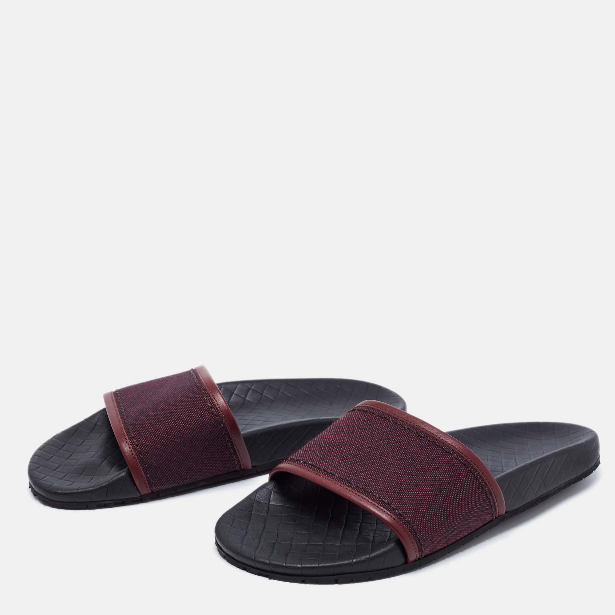 

Bottega Veneta Burgundy Canvas and Leather Flat Slides Size