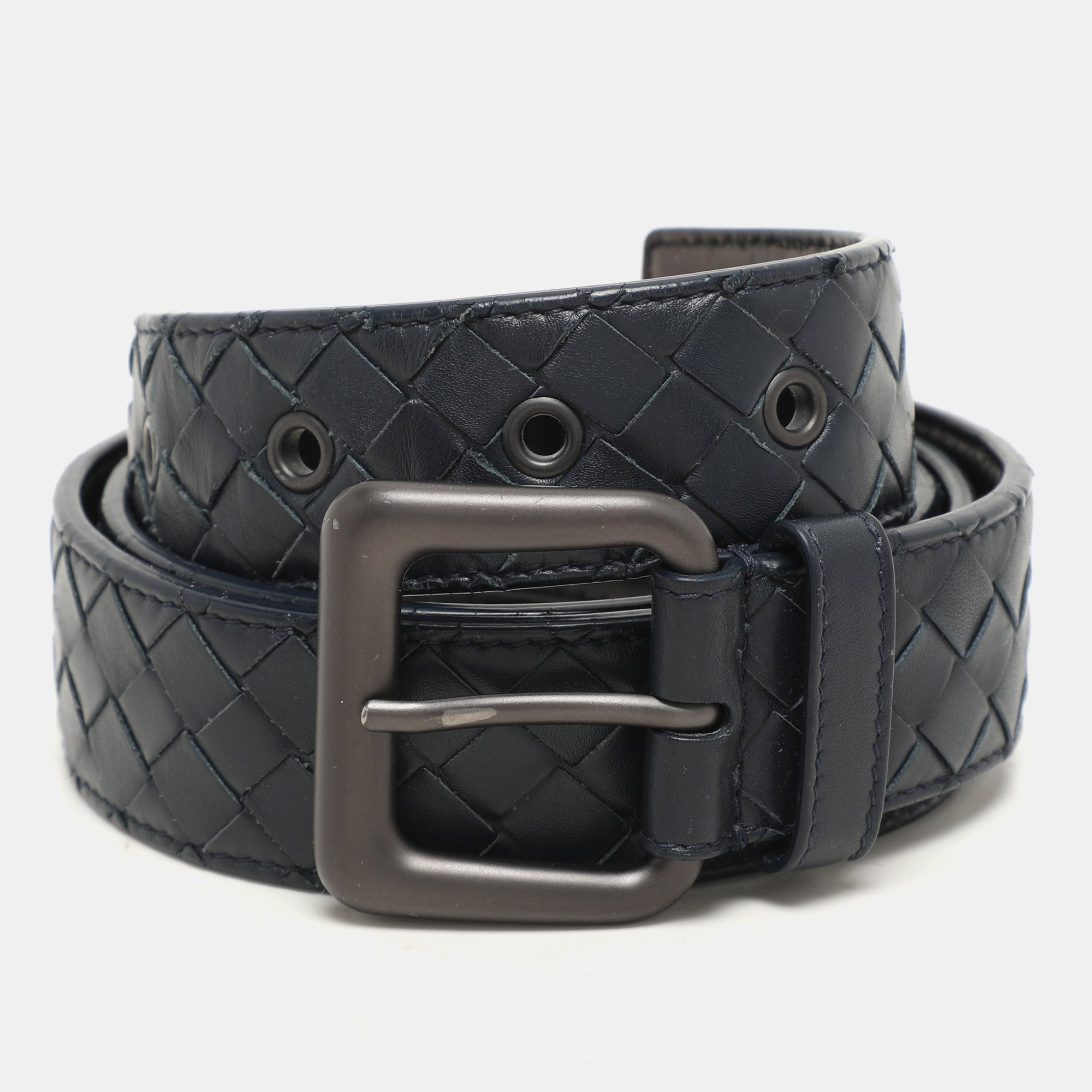 

Bottega Veneta Navy Blue Intrecciato Leather Buckle Belt