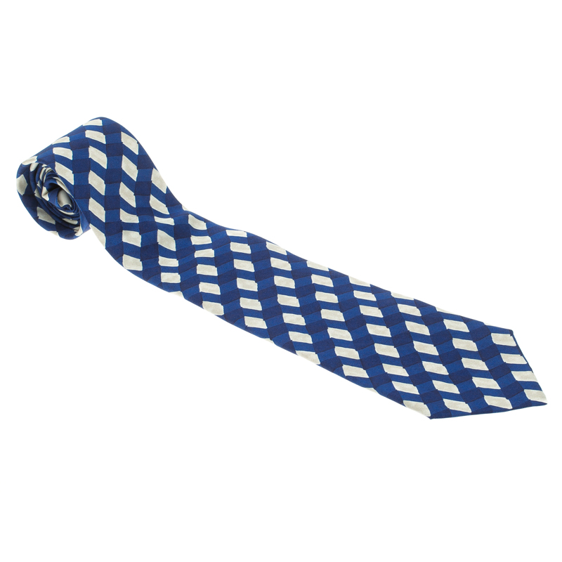Bottega Veneta Blue and White Printed Amethyst Silk Tie