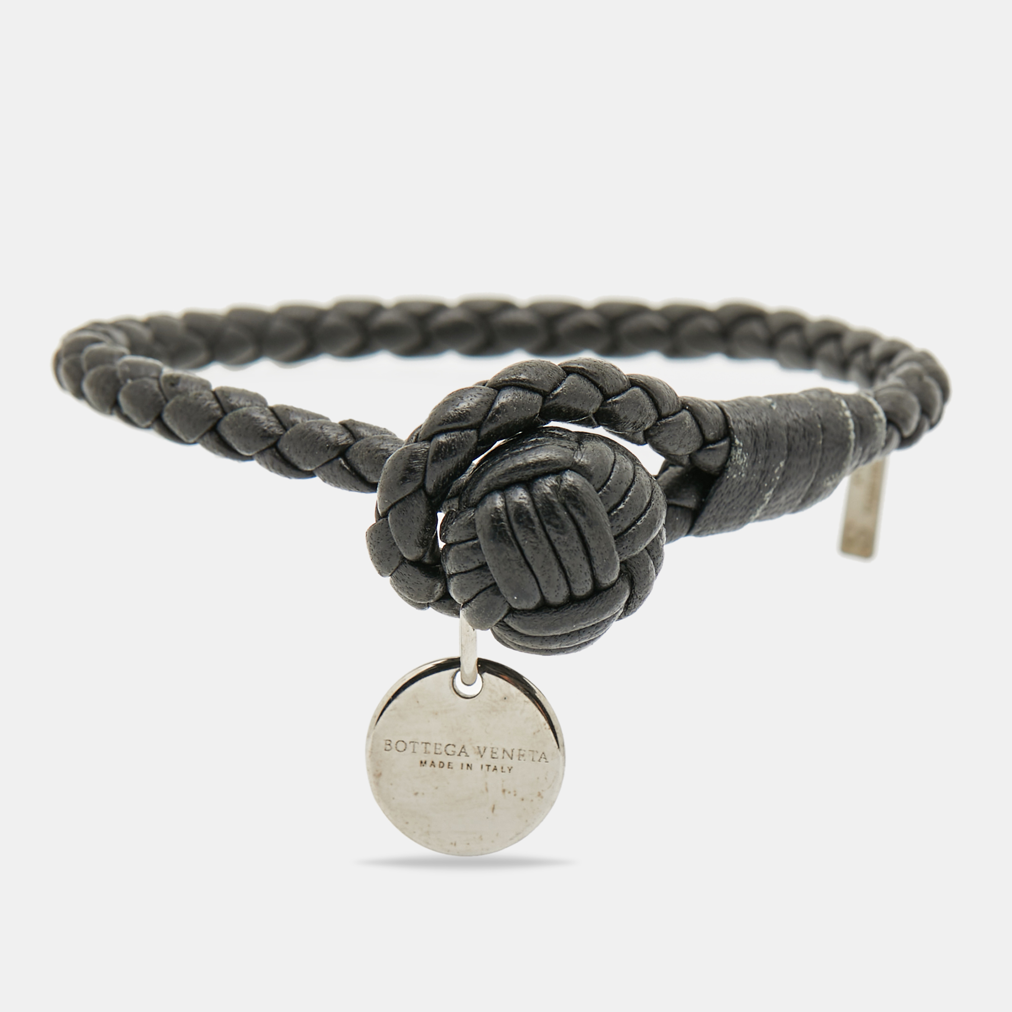 

Bottega Veneta Intrecciato Black Leather Silver Tone Knot Bracelet