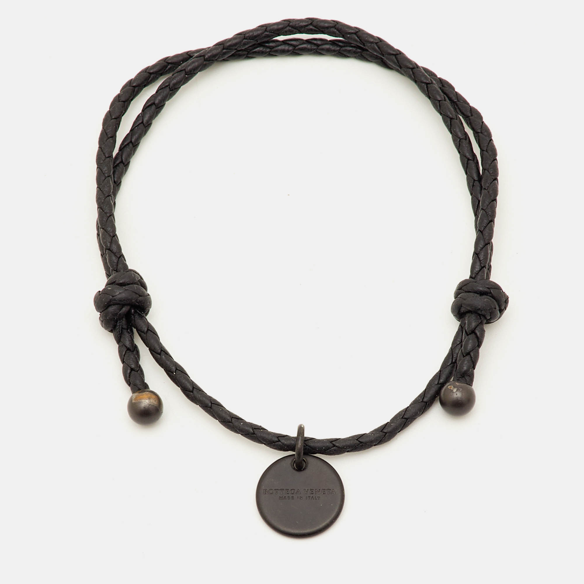 

Bottega Veneta Braided Leather Gunmetal Tone Adjustable Bracelet, Black