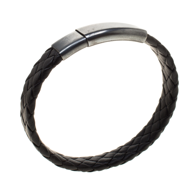 

Bottega Veneta Black Intrecciato Woven Leather Silver Bracelet