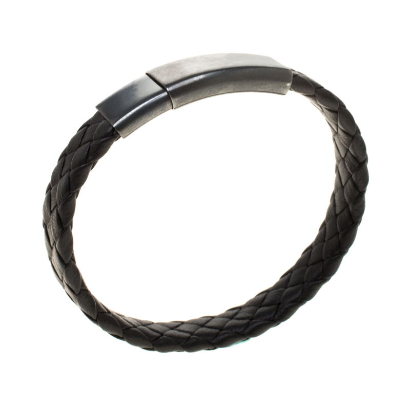 

Bottega Veneta Black Intrecciato Woven Leather Silver Bracelet