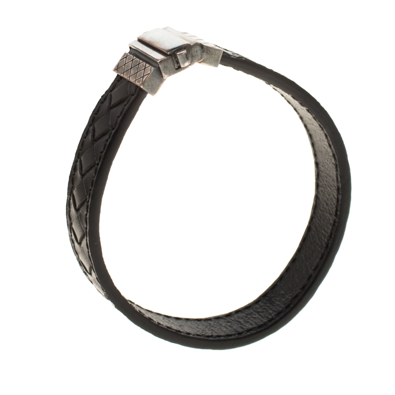 

Bottega Veneta Black Intrecciato Woven Leather Silver Bracelet