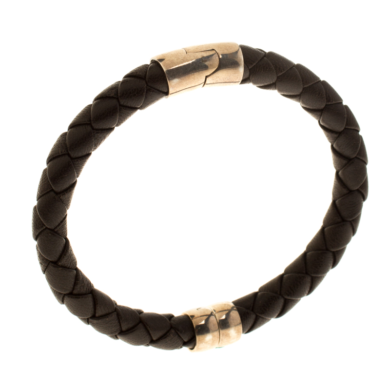 

Bottega Veneta Brown Woven Leather Silver Narrow Bracelet