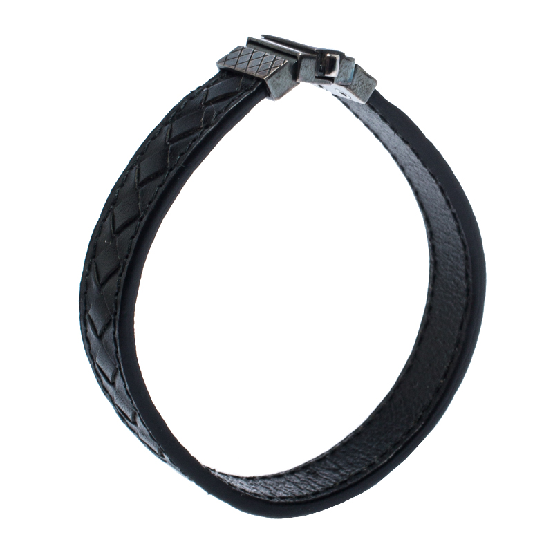 

Bottega Veneta Black Intrecciato Woven Leather Sterling Silver Bracelet