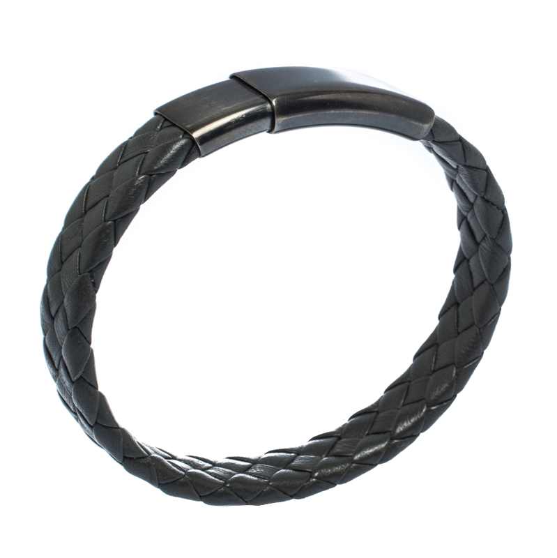 

Bottega Veneta Grey Intrecciato Woven Leather Sterling Silver Bracelet