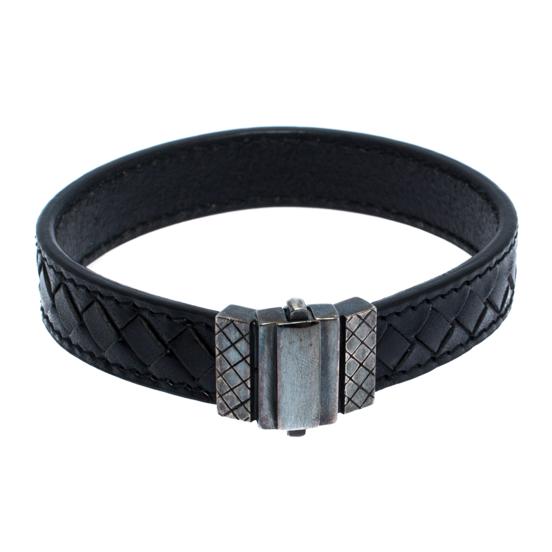 Bottega Veneta Black Intrecciato Leather Silver Bracelet