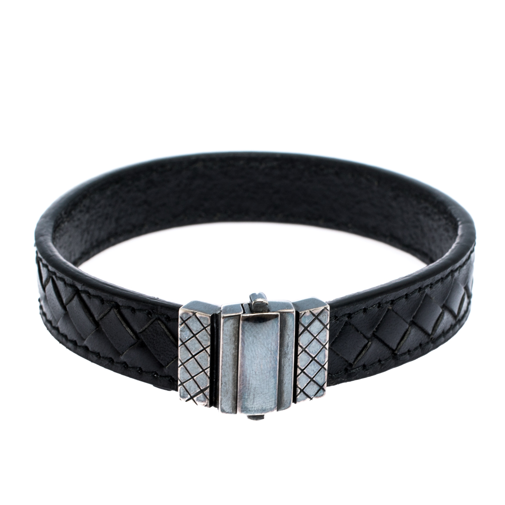 Bottega Veneta Black Intrecciato Woven Leather Silver Bracelet S