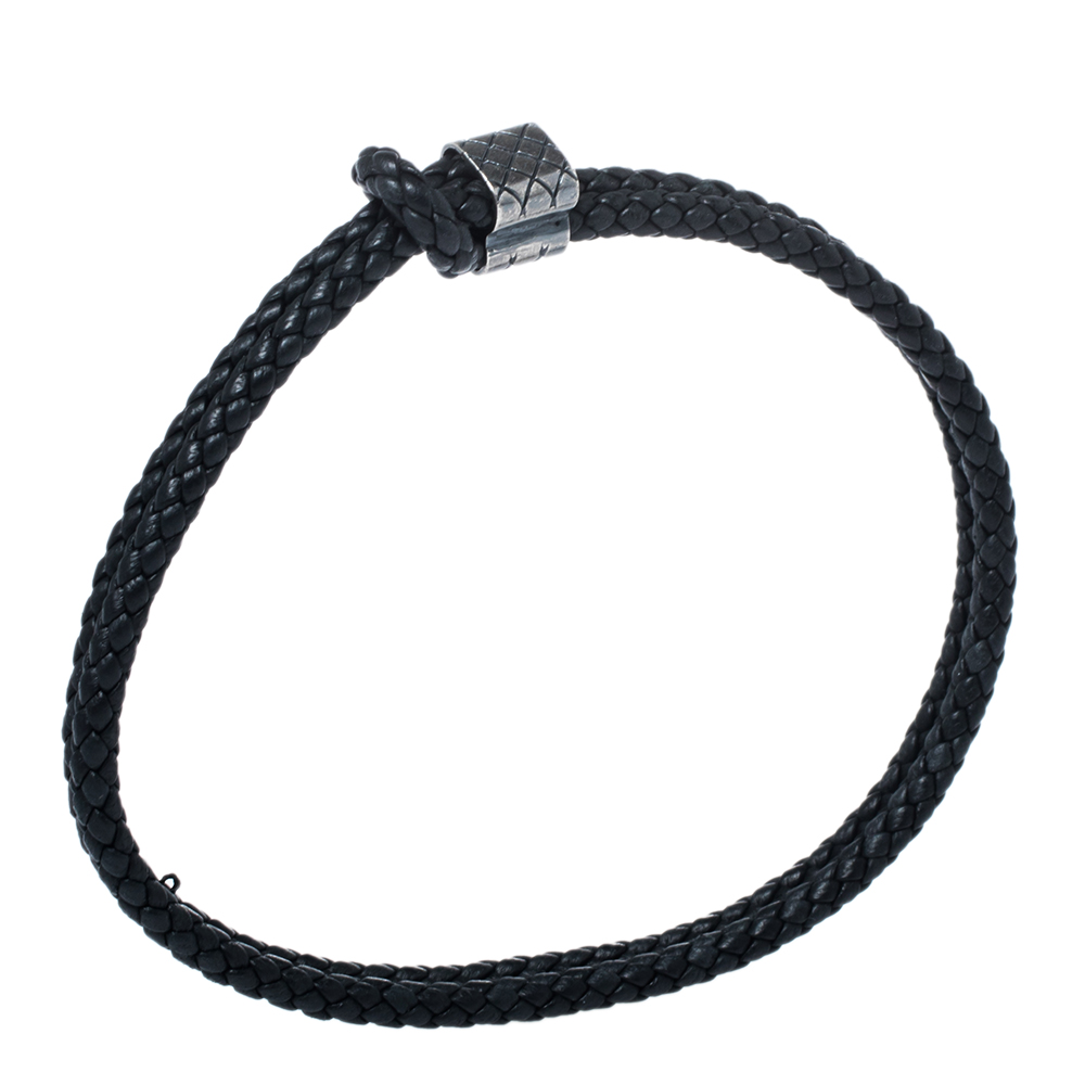 

Bottega Veneta Black Double Intrecciato Leather Silver Adjustable Bracelet