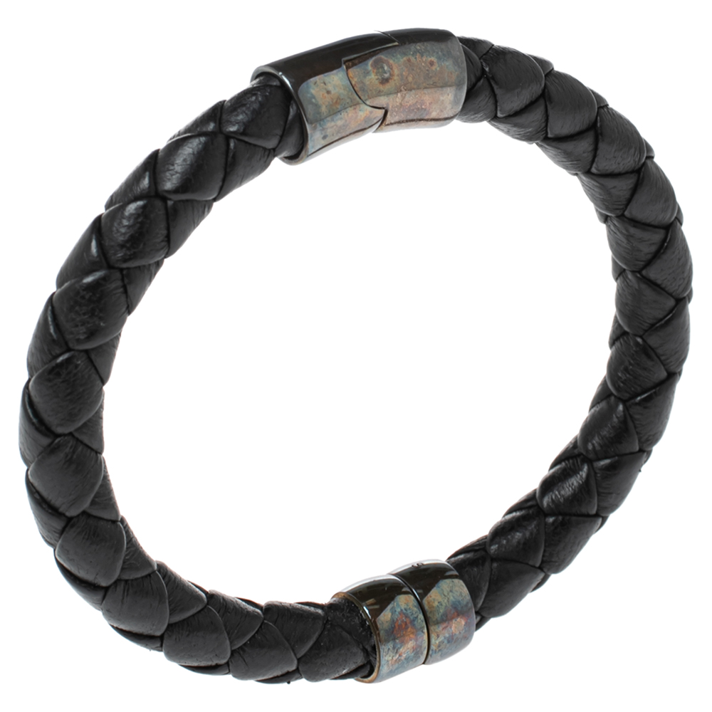 

Bottega Veneta Black Intrecciato Leather Sterling Silver Bracelet