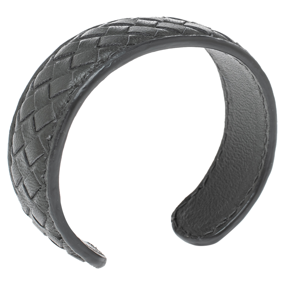 

Bottega Veneta Grey Intrecciato Leather Open Cuff Bracelet