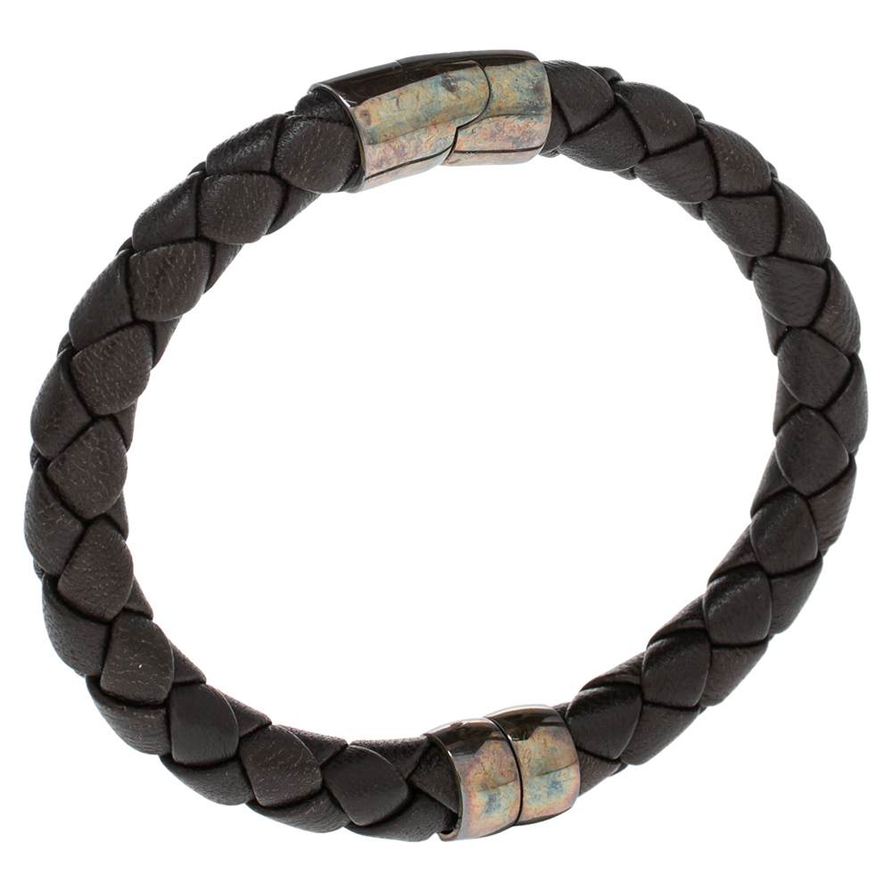 

Bottega Veneta Brown Intrecciato Leather Sterling Silver Bracelet