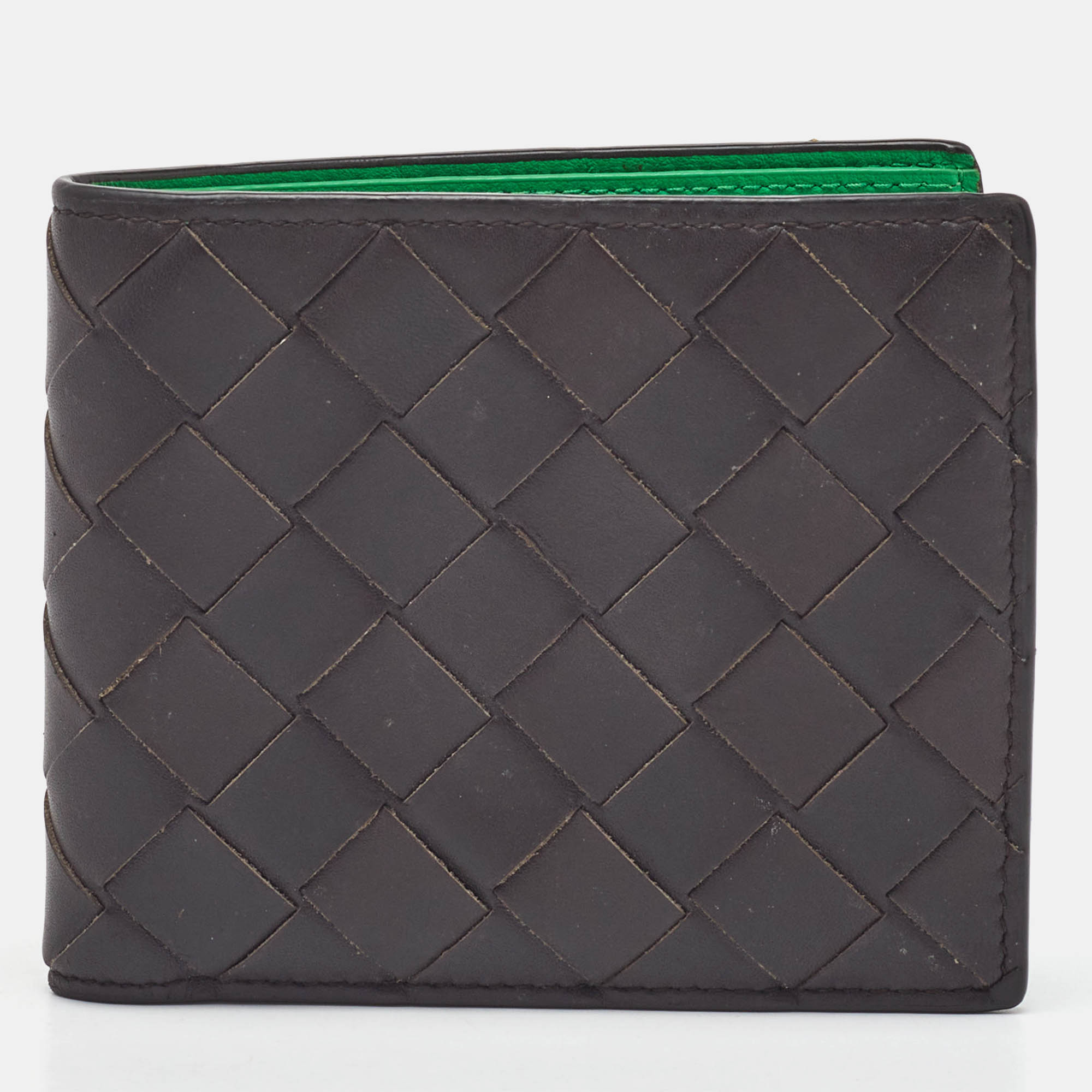 

Bottega Veneta Dark Brown Intrecciato Leather Bifold Wallet, Green