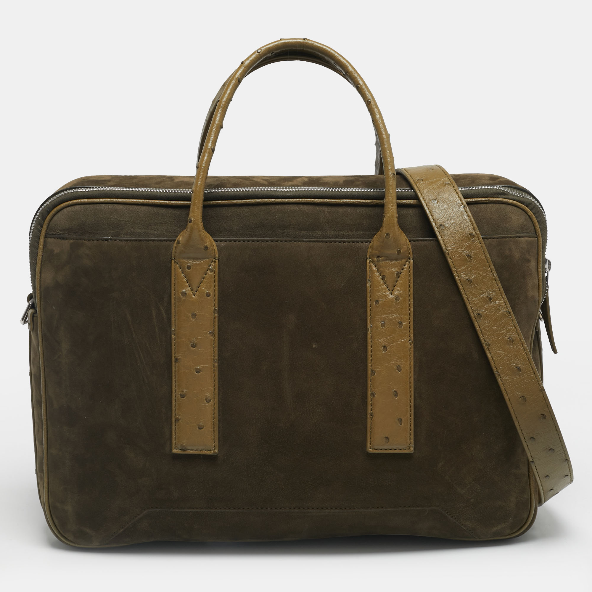 

Bottega Veneta Neon Green Ostrich Leather and Suede Getaway Briefcase Bag