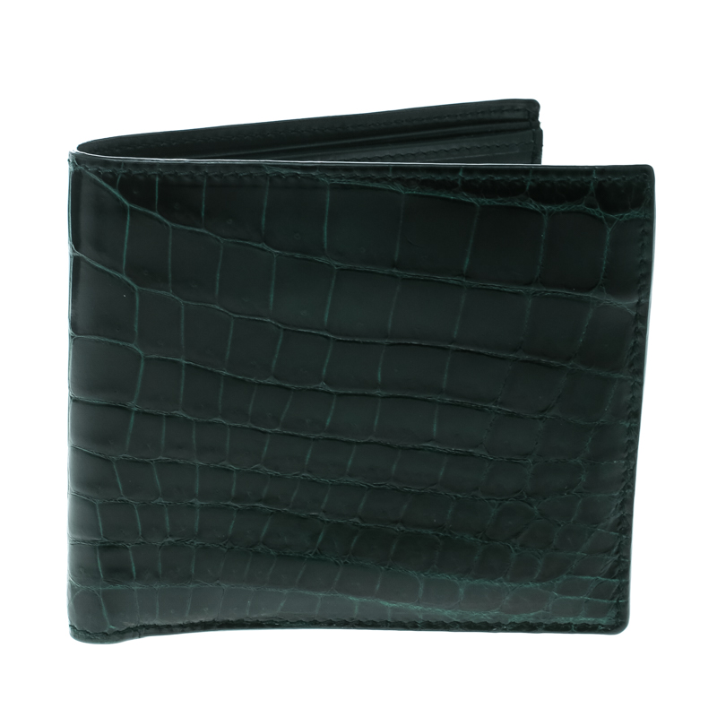 Bottega Veneta Green Crocodile Bi Fold Wallet 