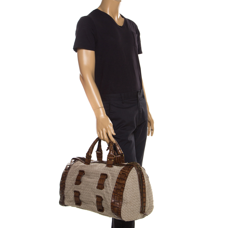 

Bottega Veneta Beige/Brown Canvas and Crocodile Duffle Bag