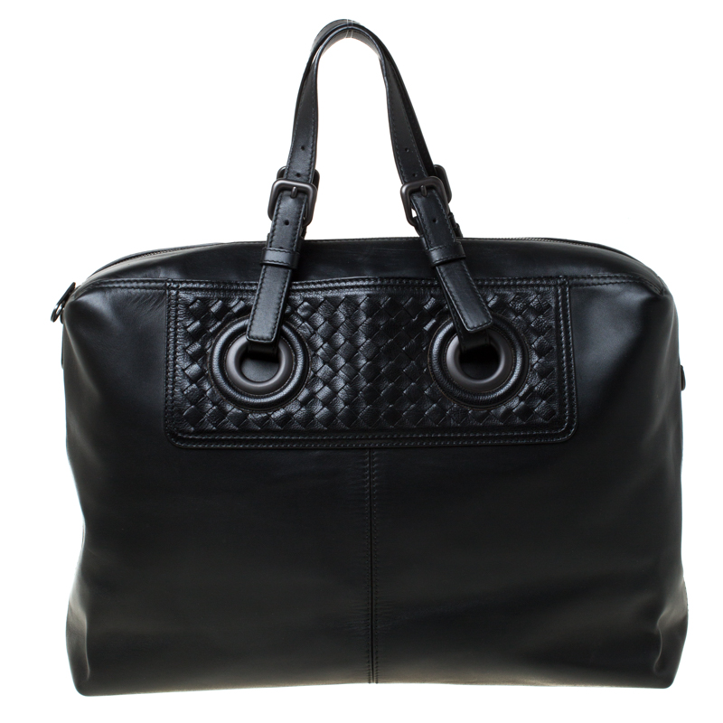 Pre Owned Bottega Veneta Black Intrecciato Leather Large Oculus Duffle Bag