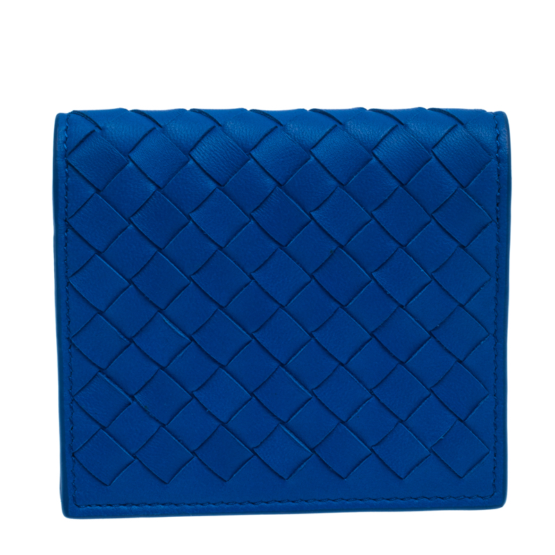 Pre Owned Bottega Veneta Blue Intrecciato Leather Bifold Card Holder