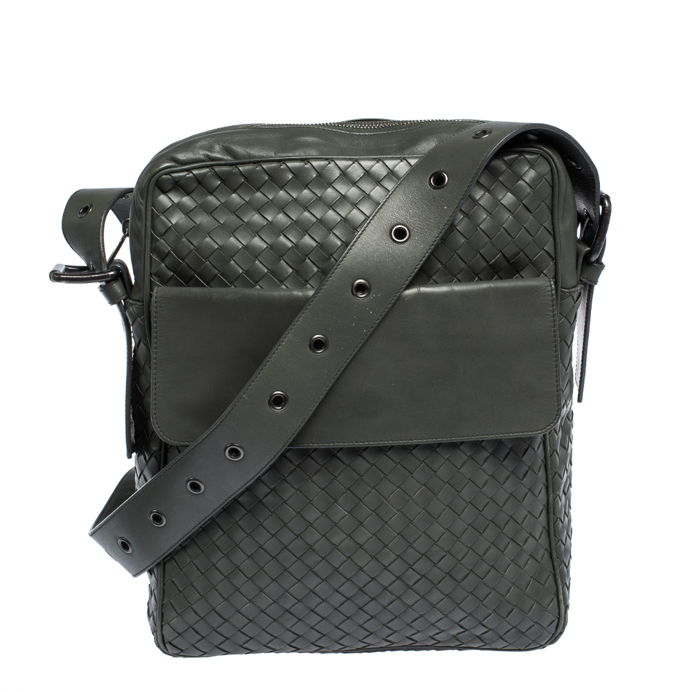 Bottega Veneta Grey Intrecciato Leather Grommet Strap Messenger Bag Bottega Veneta Tlc