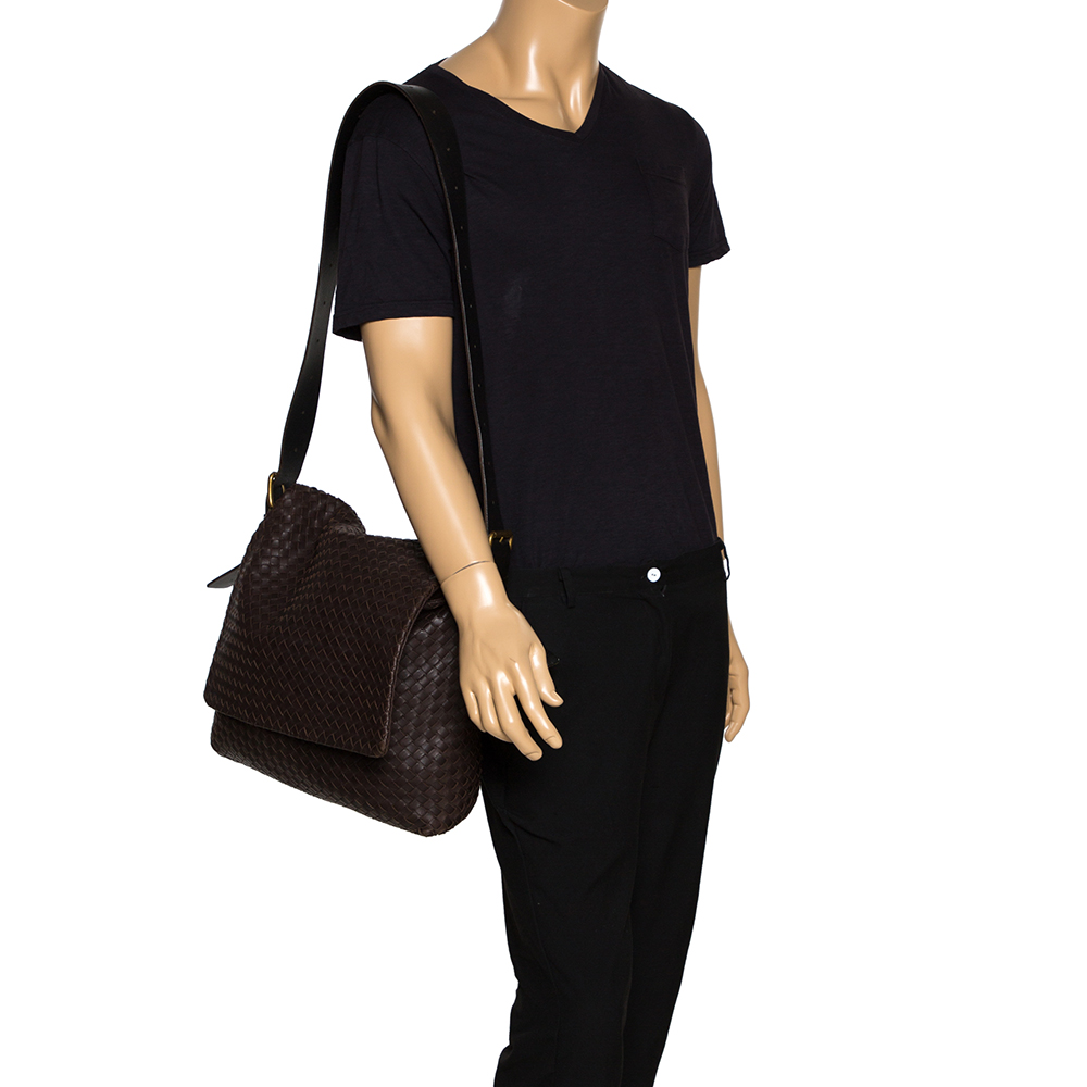

Bottega Veneta Dark Brown Intrecciato Leather Flap Messenger Bag