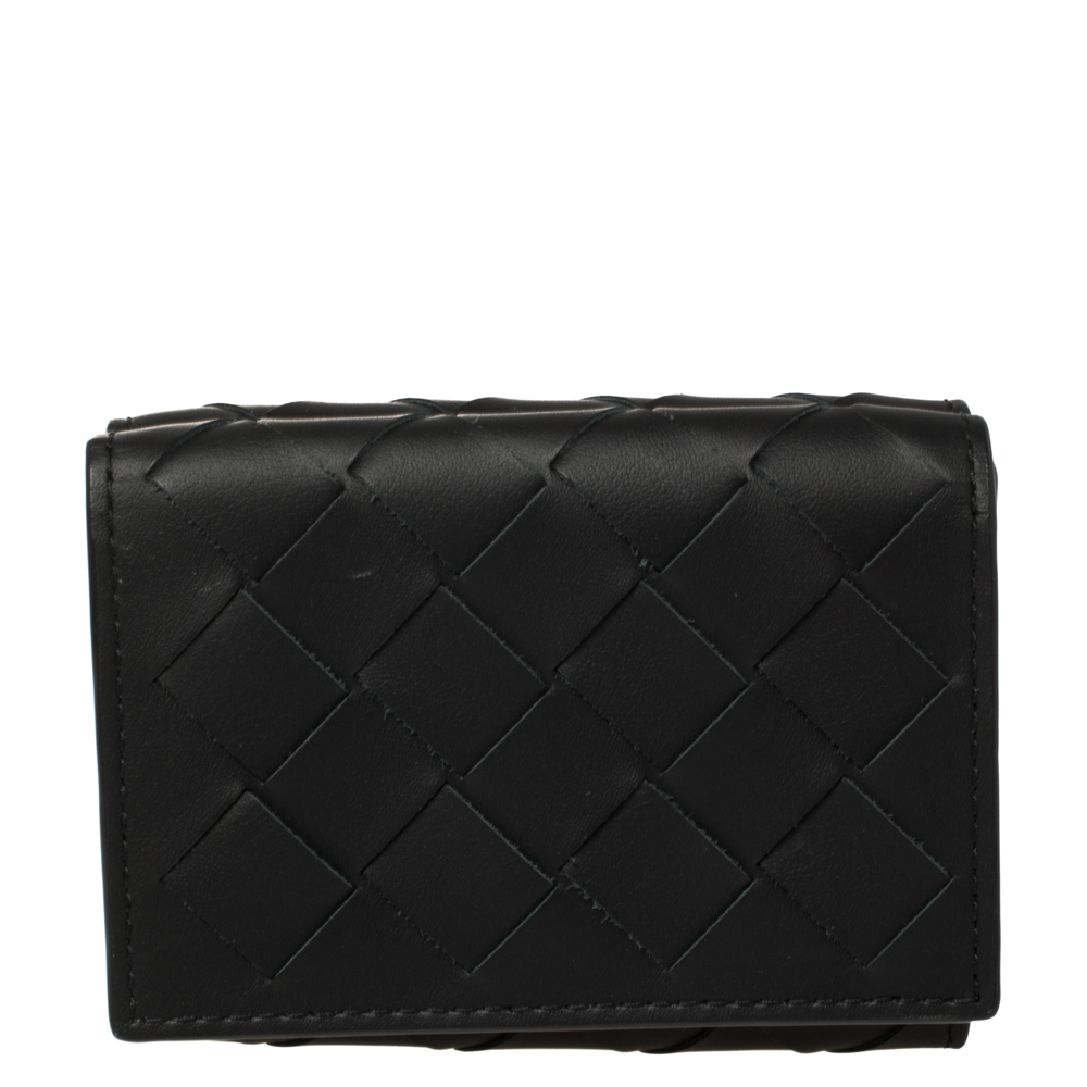 Pre Owned Bottega Veneta Black Intrecciato Leather Trifold Wallet