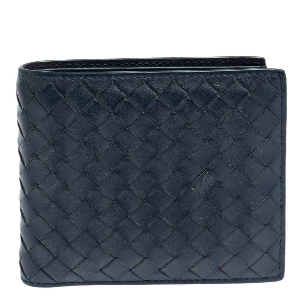 Pre-owned Bottega Veneta Blue Intrecciato Leather Bifold Wallet